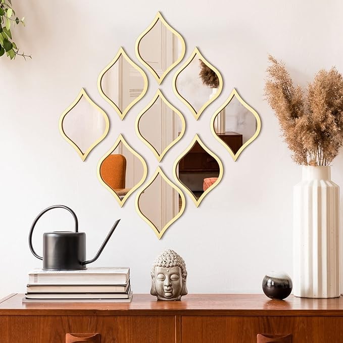 Tanlade 9Pcs Teardrop Mirror Wall Decor Acrylic Decorative Mirror Wall Decor Boho Vintage Wall Art Farmhouse Decorative Mirror for Apartment Living Room Bathroom Bedroom, 9.8 x 6.7 Inch (Gold Frame)