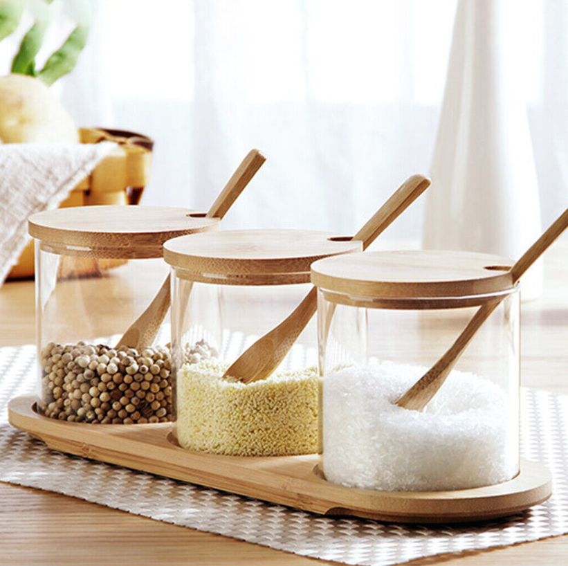 Kitchen Glass Storage Jar with Bamboo Lid Seasoning Canister Can Organizer