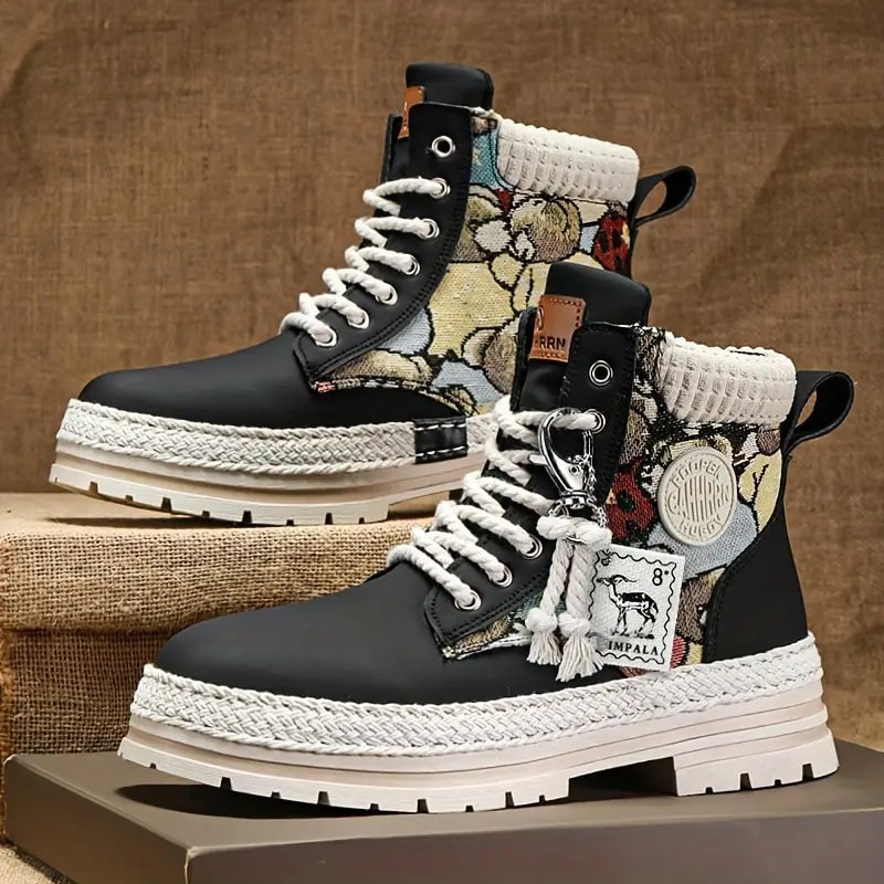 Men's Trendy High Top PU Leather Boots, Comfy Breathable Casual Waterproof Sneakers For Men's Outdoor Walking/Trekking/Hiking Activities