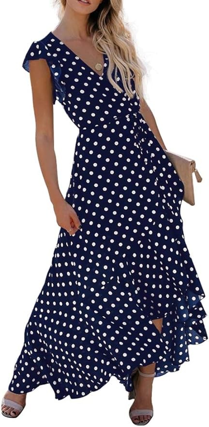 GRECERELLE 2024 Women's Spring Summer Boho Floral Print V-Neck Faux Wrap Maxi Dress for Wedding Guest, Graduation, Party
