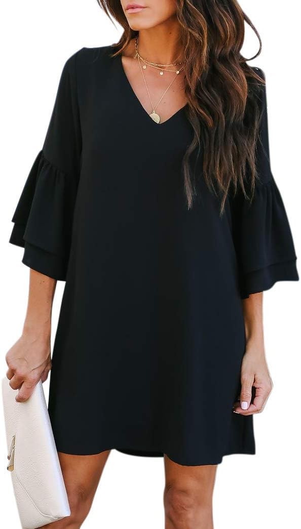 BELONGSCI Women's 2024 Summer Dress Sweet & Cute V-Neck Bell Sleeve Shift Dress Mini Dress, Perfect for Wedding or Graduation