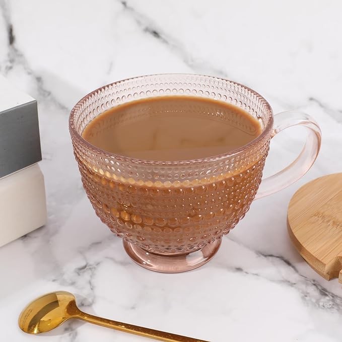 Pink Vintage Latte Mugs Set of 2, 16oz Large Pink Glass Embossed Coffee Mug Latte Tea Cup with Bamboo Lid and Spoons, Insulated Tea Cups Iced Water Ribbed Glasses Breakfast Cup Set Gift for Family