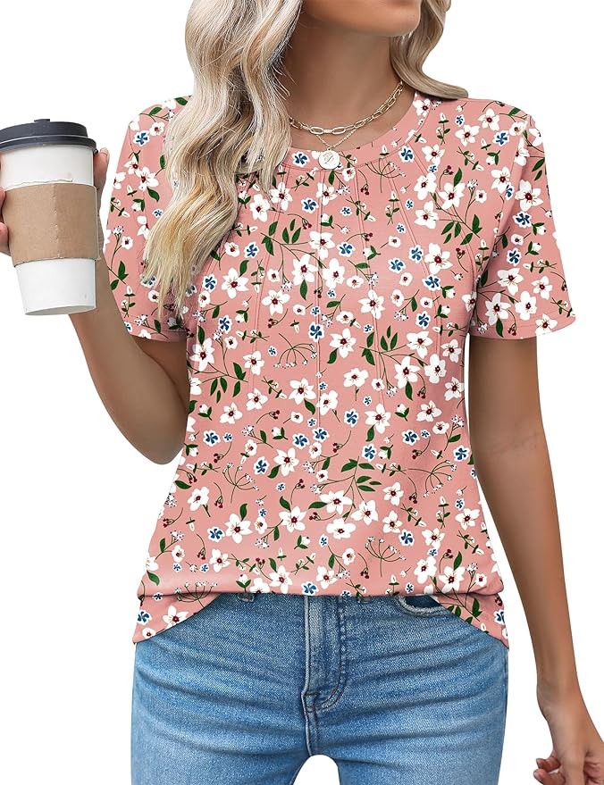 Kistore Womens Casual Crew Neck Short Sleeve Pleated Tops Blouses Fashion Clothes 2024