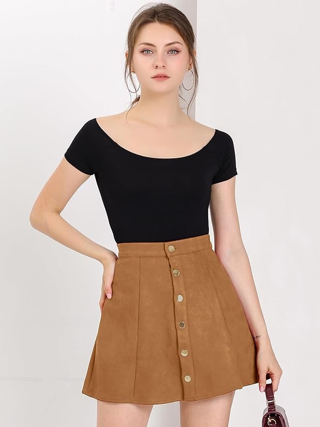 Allegra K Women's Faux Suede Button A-Line High Waisted Halloween Flared Mini Short Skirt