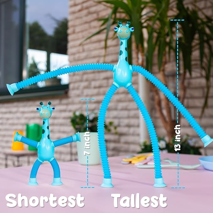 Boxgear 4 Pieces LED Telescopic Suction Cup Giraffe Toy, Shape Changing Telescopic Tube Fidget Toys, Pop Tubes, Fidget Tubes Sensory Toys for Girls Boys (Giraffe)