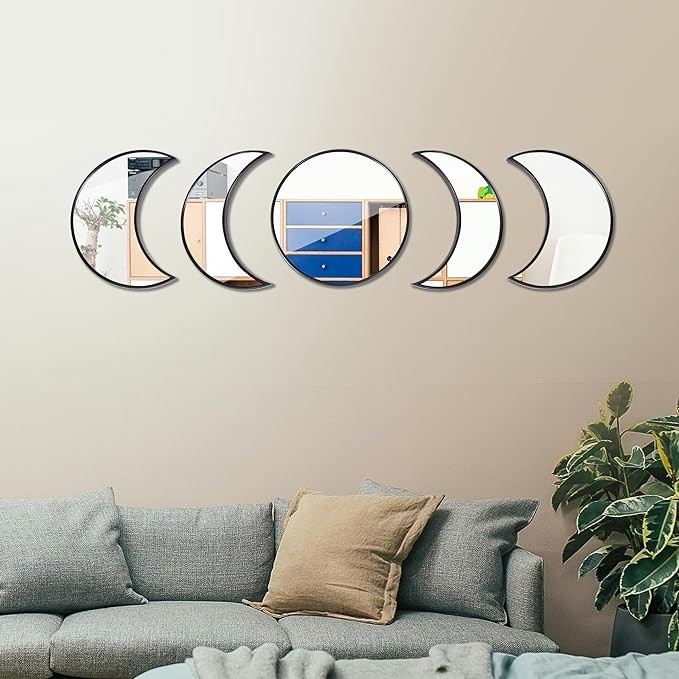 Coo-Drill Glass Moon Phase Mirror Set, Bohemian Wall Mirror, Never Distorted Boho Wall Hanging Moon Mirror Wall Decor Black