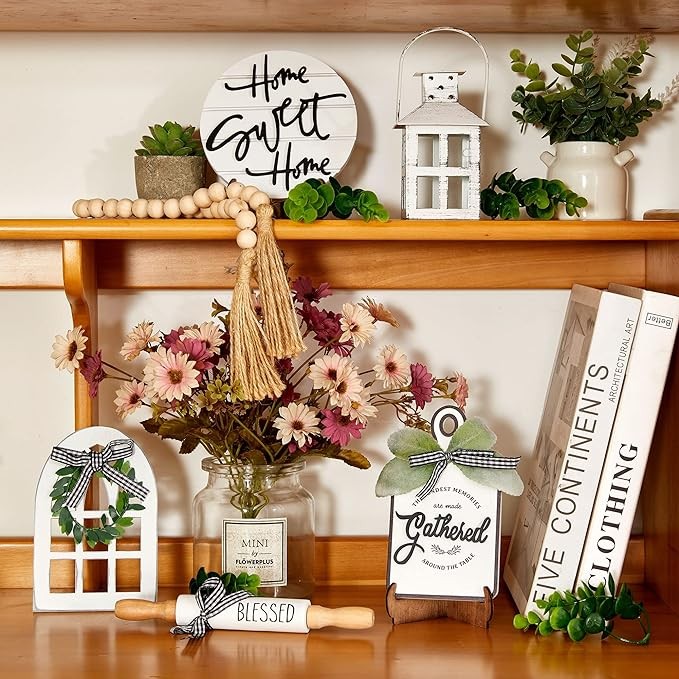 Houmury Set of 16 Farmhouse Tiered Tray Decor with 1 Lantern Artificial Plant& Cutting Board Sign for Rustic Home Sweet Home Kitchen Decor Tier Tray Decor Set