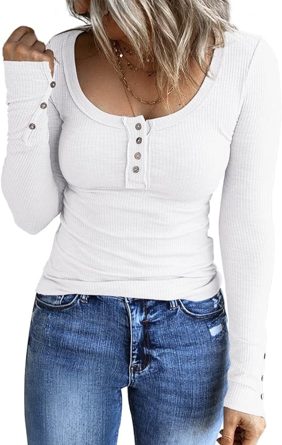 Kissfix Women's Long Sleeve Shirts Casual Fall Henley Top Button Down Blouses Basic Ribbed Knit T Shirts 2024