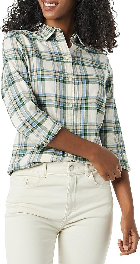 Amazon Essentials Women's Classic-Fit Long-Sleeve Lightweight Plaid Flannel Shirt