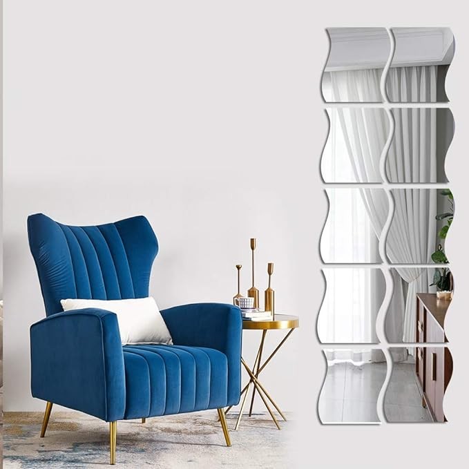 12PCS Wavy Mirror Wall Stickers, Full Length 3D Mirror Art DIY Home Decorative Acrylic Sheet Plastic Mirror Tiles for Home Living Room Bedroom Sofa TV Setting Wall Decoration Décor