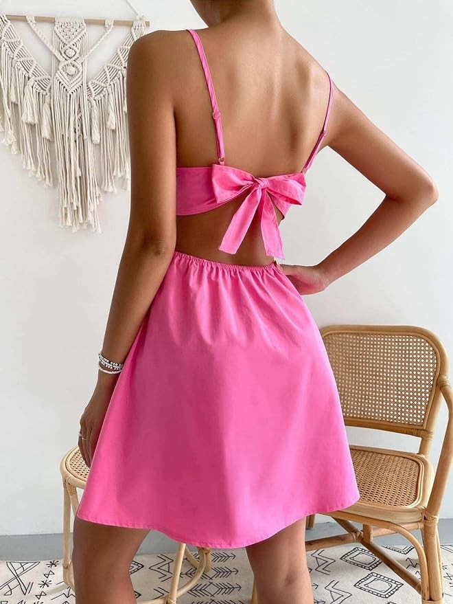 Verdusa Women's Cut Out Tie Backless Ruched Spaghetti Strap Mini Cami Dress