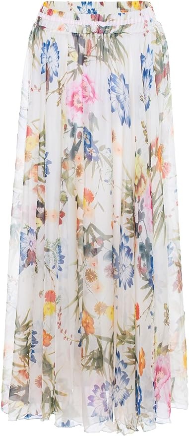 CHARTOU Women's Elegant Summer Full Length Boho Floral Print Pleated Chiffon Long Maxi Skirt Dress