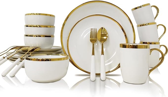 AXYWINBO® Dinnerware Sets,24-Piece Plates and Bowls Sets for 4,White Modern Porcelain Dish Set Contain Dinnerware & Accessories for Wedding and Housewarming Gifts