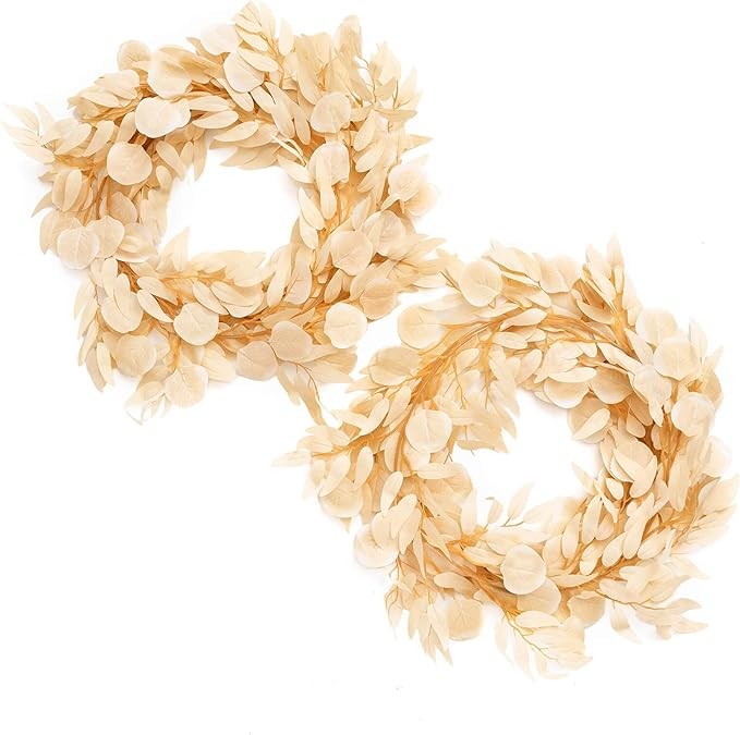 Ling's Moment Eucalyptus Garland for Table, 5.9ft Beige Fake Eucalyptus Wreaths with Willow, 2pcs Real Touch Leaf Garland for Wedding Centerpieces Arch Rehearsal Dinner Bridal Shower