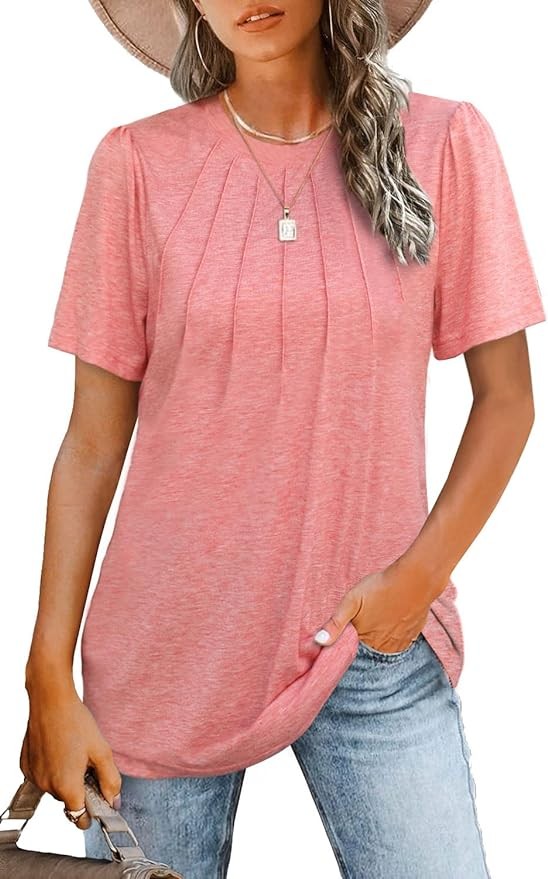 Beimuc Womens Tops Summer Short Puff Sleeve Pleated Shirts Casual Loose Tshirts Trendy 2024