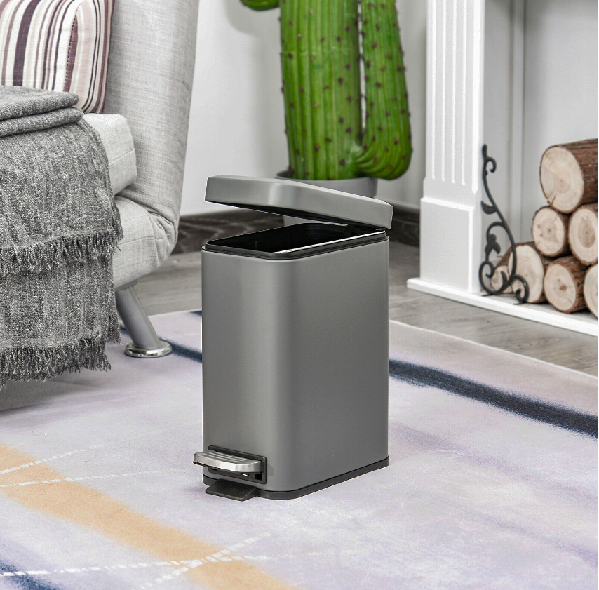 5L Rectangle Compact Bin Steel Body Inner Bucket Quiet-Close Lid w/ Pedal Grey