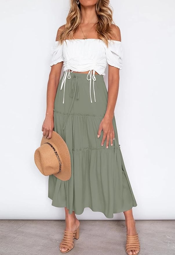 HAEOF Women's Boho Elastic High Waist A Line Ruffle Swing Beach Maxi Skirt with Pockets