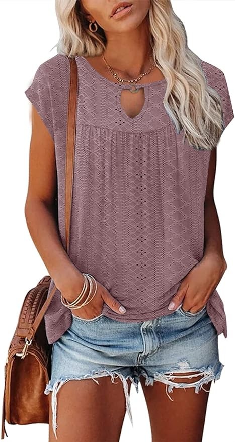 Womens Summer Tops 2023 Casual Dressy Short Cap Sleeve Shirts Pleated Fashion Floral Print Chic Hollow Loose Fit Cute Tops