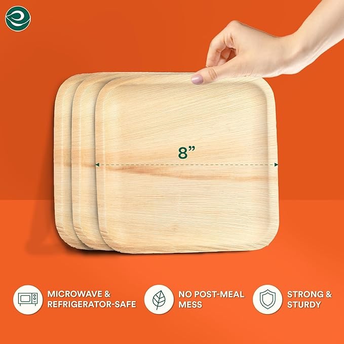 ECO SOUL Compostable 8 Inch Palm Leaf Square Plates (50 Count) Like Bamboo Plates | Biodegradable | Eco-Friendly, Microwave & Oven Safe