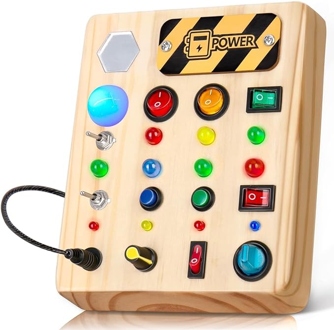TINTECUSA Busy Board Montessori Toys for Toddler, Wooden Sensory Board Switch Toy with Shape Sorter LED Light Up Toys Educational Plane Travel Activity for 1-6 Year Old Girls & Boys