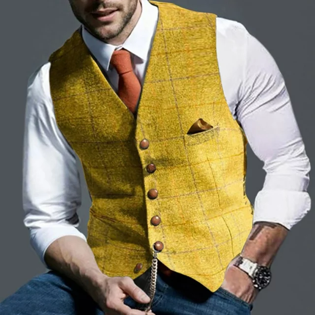 Tuscom Mens Vest Men V-Neck Suit Plaid Vest Lattice Single-breasted Slim Fit 6 Button Vest Suit Business Waistcoat Keep Warm Outdoor Winter Vest,Vest For Men,Men Shirts Clearance