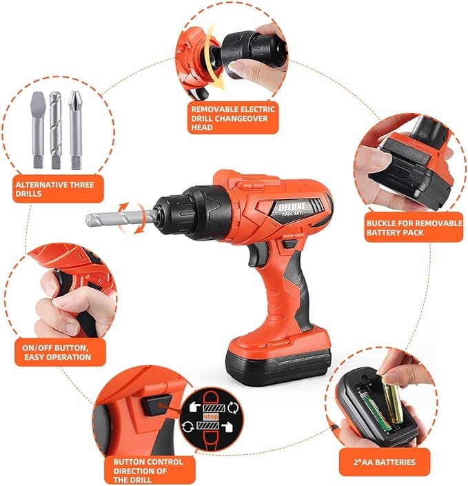 Kids Tool Set – Zealous 45 pcs Toddler Tool Set with Tool Box & Electronic Toy Drill, Pretend Play Kids Toys, Toy Construction Tools for Kids Ages 3,4,5,6,7,8 Years Old (A-Orange)