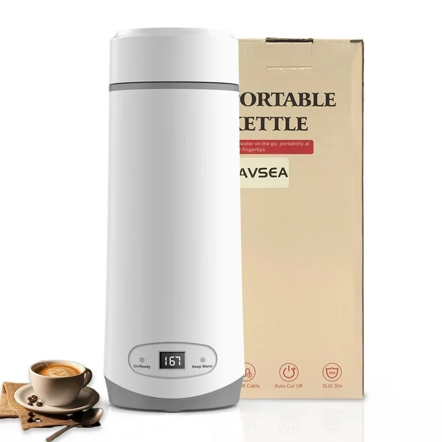 VAVSEA Travel Electric Kettle, Small Portable Tea Coffee Kettle, Hot Water Boiler with 8 Temperature Control, 304 Stainless Steel,White