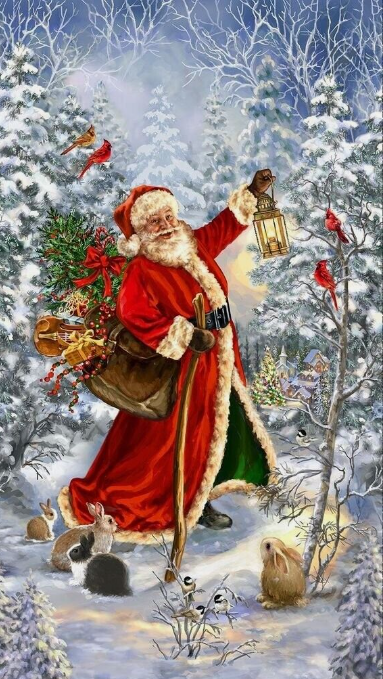 Christmas Santa & Forest Animals Cotton Panel