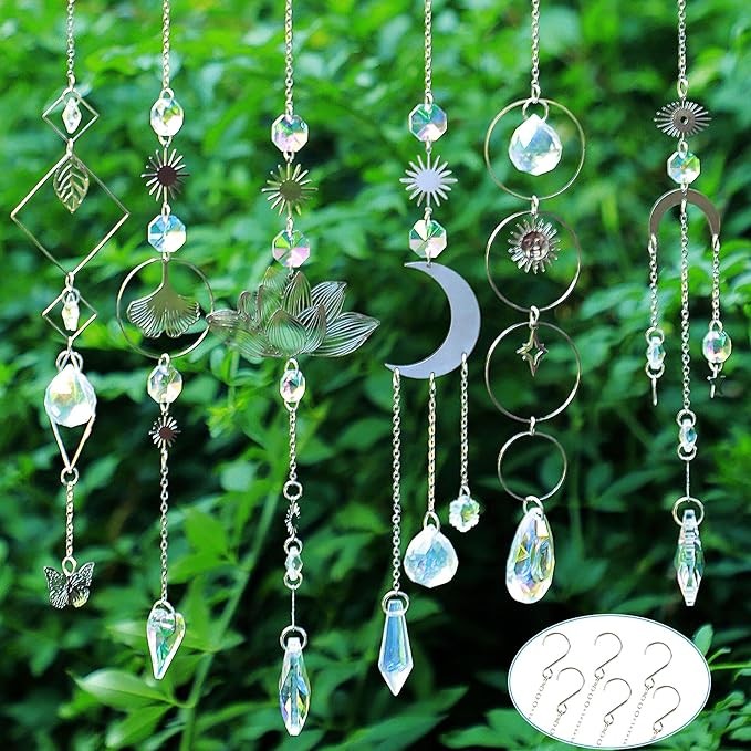 Sun Catchers, 6 Pieces Colorful Suncatchers Decorative Hanging Clear Crystal Prism Rainbow with Silver Moon Sun Metal Forms Suncatcher Kit for Window Indoor Outdoor Car Mirror Decor Xmas Gift