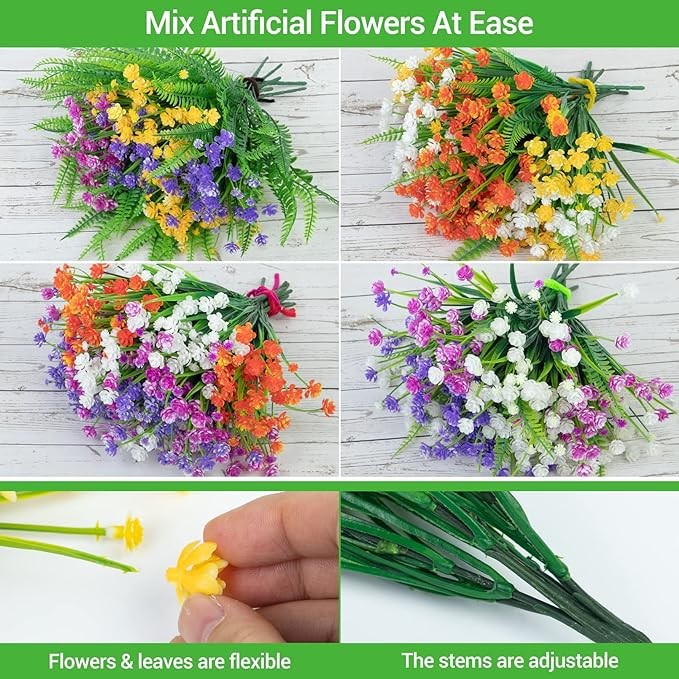 24 Bundles Artificial Flowers for Outdoor Decoration UV Resistant Fake Plastic Plants Faux Boston Fern Artificial Greenery for Summer Indoor Outdoor Garden Patio Window Box Kitchen Home Decor