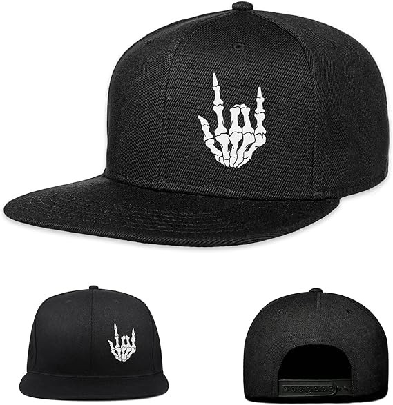 Gaming Hats Snapback Hats for Men Flat Bill Black Custom Snap Backpack Hat for Men Baseball Cap Flat Brim Cool Mens Snapback Hats Skeleton Skull Finger Fitted Gorras para Hombres Originales