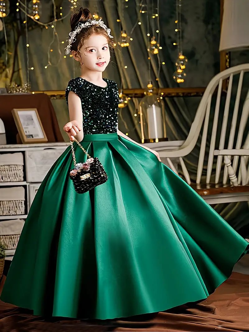 Girls Sequin Sleeveless Dress Crew Neck Dresses For Spring Summer Gift Party Christmas 4-14y